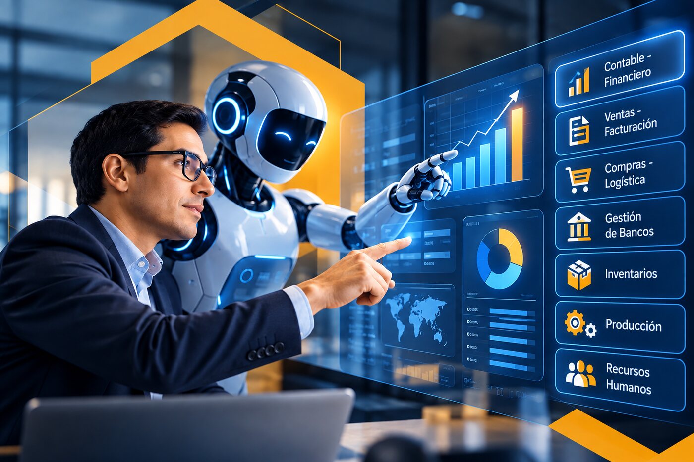 Profesional y asistente robótico trabajando sobre un panel del ERP con los módulos Contable Financiero, Ventas, Compras y Logística, Bancos, Inventarios, Producción y Recursos Humanos