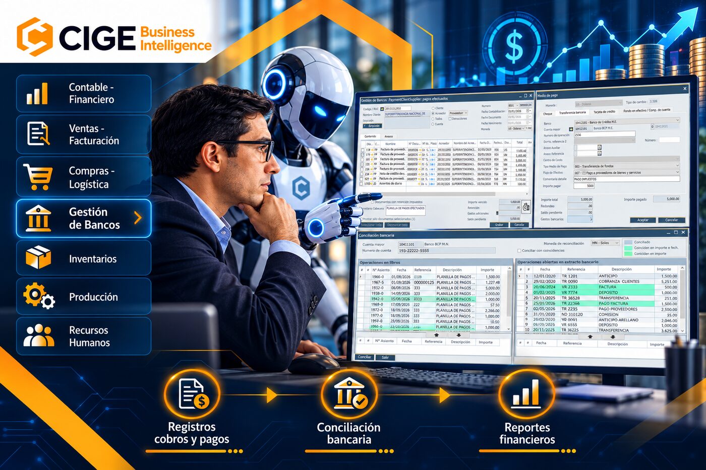 Profesional revisando pagos efectuados y la conciliación bancaria en CIGE Gb
