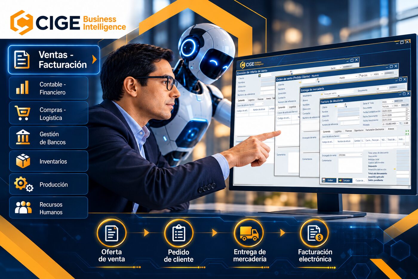 Profesional revisando la oferta de venta, el pedido de cliente y la factura en CIGE Vc